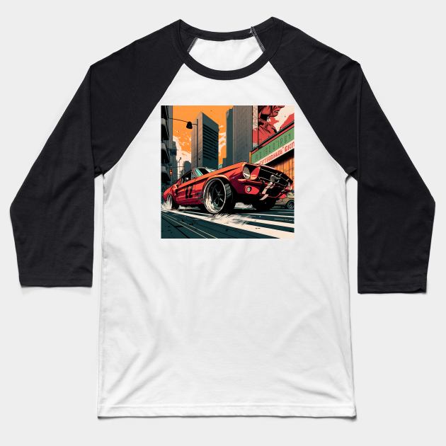 Comic Classic Mustang Drift Print Baseball T-Shirt by SynchroDesign